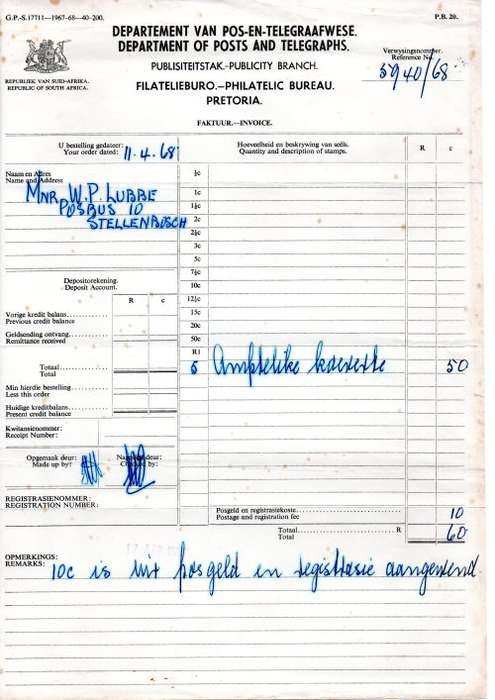 1968 RSA Department of Posts and Telegraphs Invoice