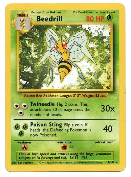 1995, 96, 98 Nintendo Creatures GAMEFREAK - Gen I Base Set Beedrill Rare 17/102