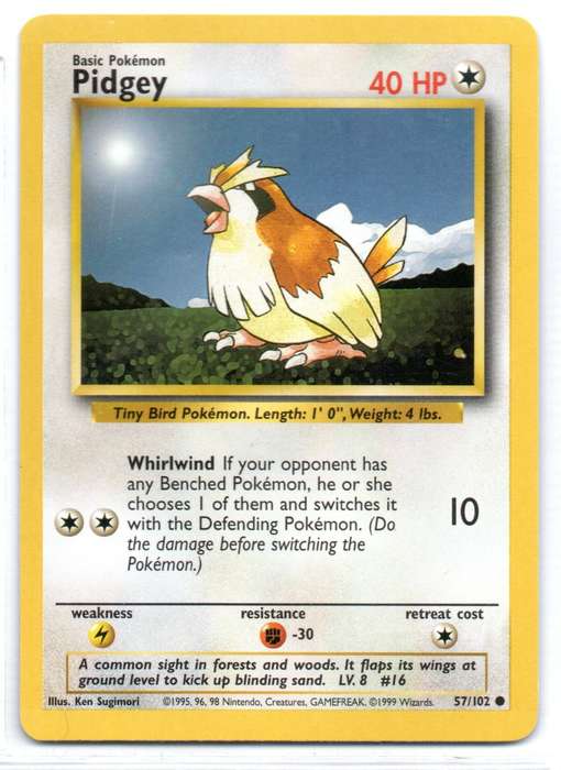 1995, 96, 98 Nintendo Creatures GAMEFREAK - Gen I Base Set Pidgey Common 57/102