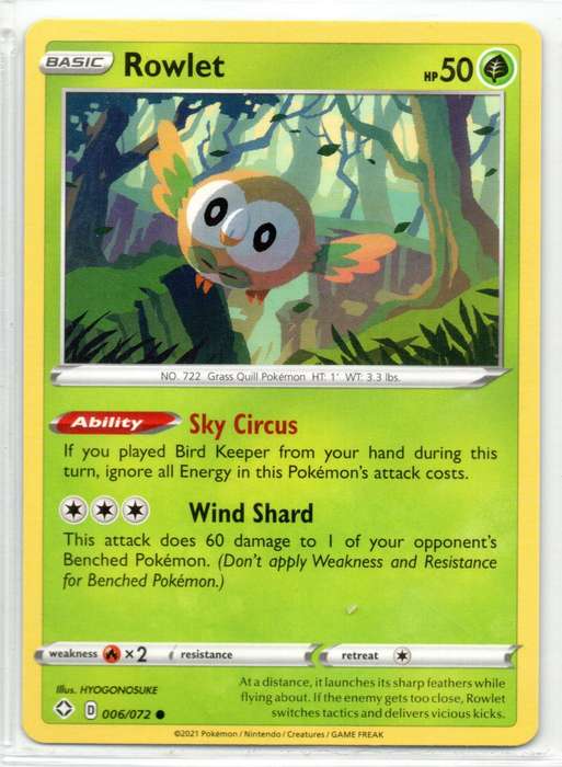 2021 Pokemon Nintendo Creatures GAMEFREAK - Shining Fates Rowlet 6/72 Common