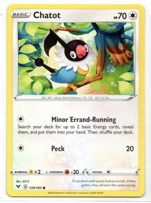 2020 Pokemon Nintendo Creatures GAMEFREAK - Vivid Voltage Chatot 139/185 Common