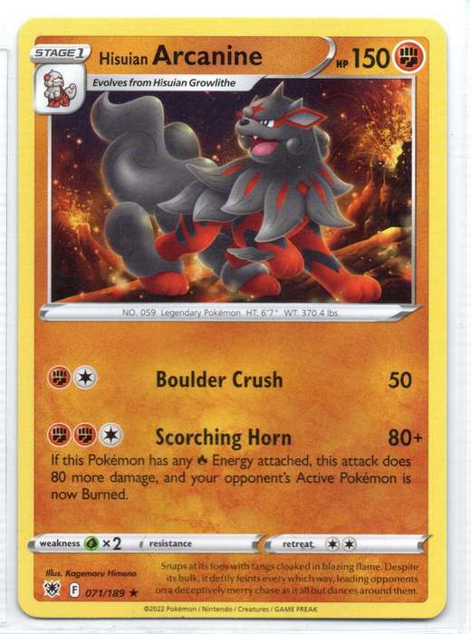 2022 Pokemon/nintendo/Creatures/GAMEFREAK - Astral Radiance Hisuian Arcanine 71/189 Rare
