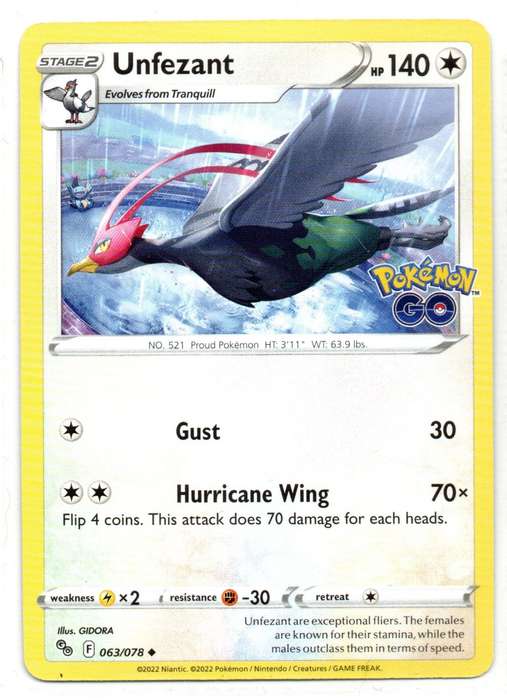2022 Pokemon/Nintendo/Creature/GameFreak - Pokemon GO - Unfezant 63/78 Uncommon