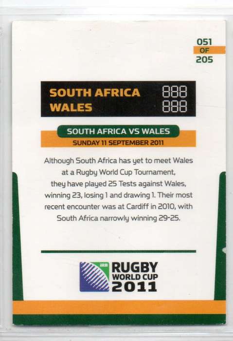 Rugby World Cup 2011 - Card 051/205 - RSA vs Wales