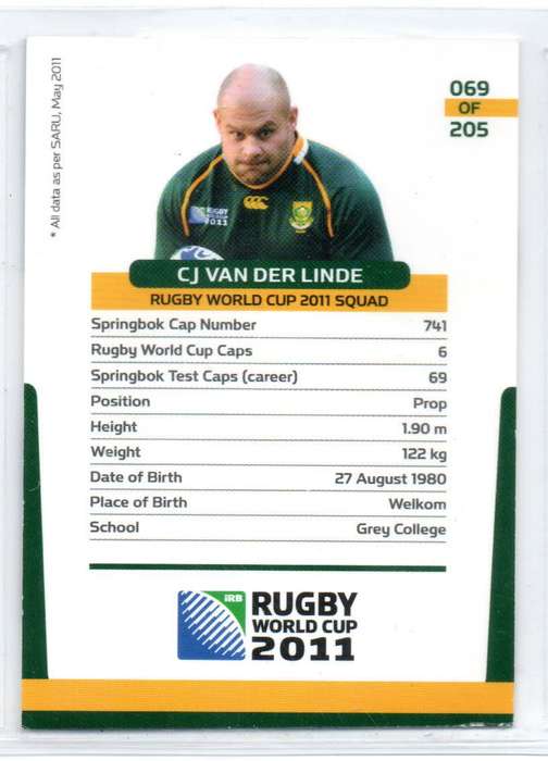Rugby World Cup 2011 - Card 069/205 - CJ van der Linde