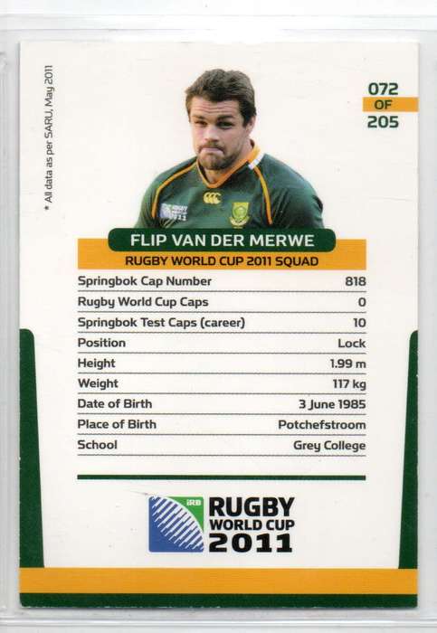 Rugby World Cup 2011 - Card 072/205 - Flip van der Merwe