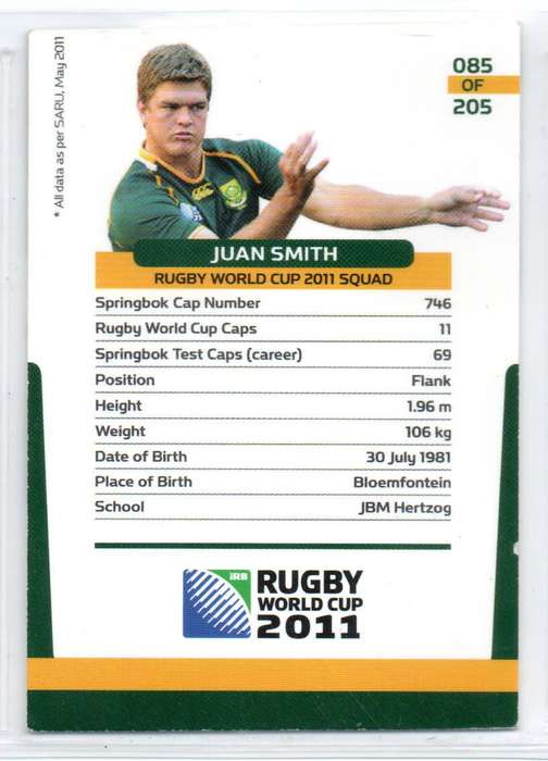Rugby World Cup 2011 - Card 085/205 - Juan Smith