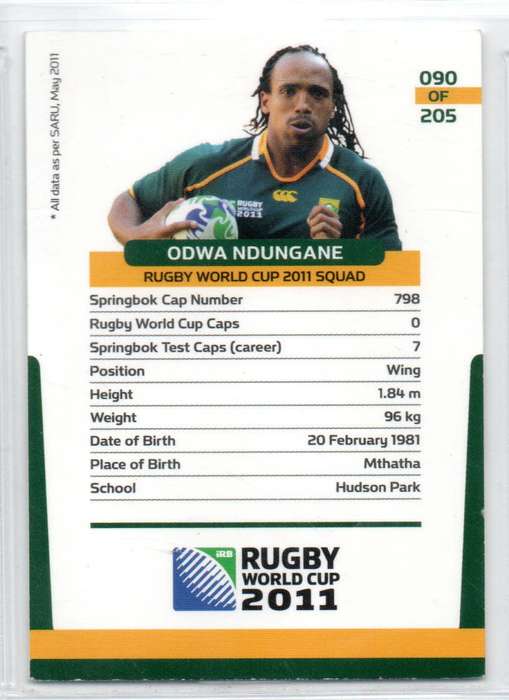 Rugby World Cup 2011 - Card 090/205 - Odwa Ndungane