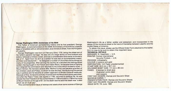 1982 Lesotho 250th Anniversary of the birth of George Washington FDC 41