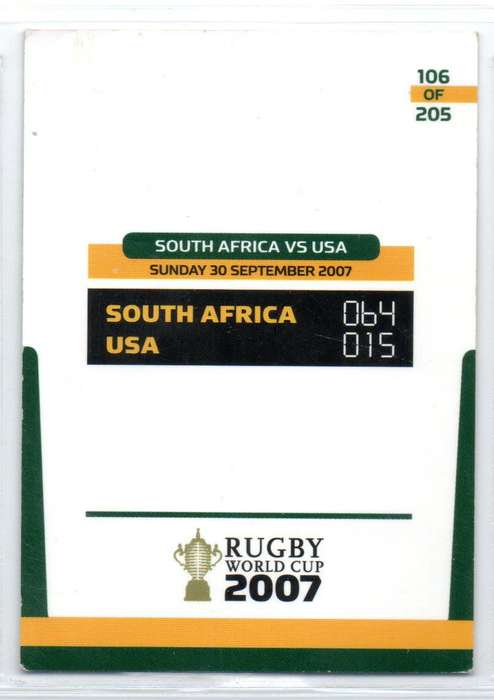 Rugby World Cup 2011 - Card 106/205 - RSA vs USA