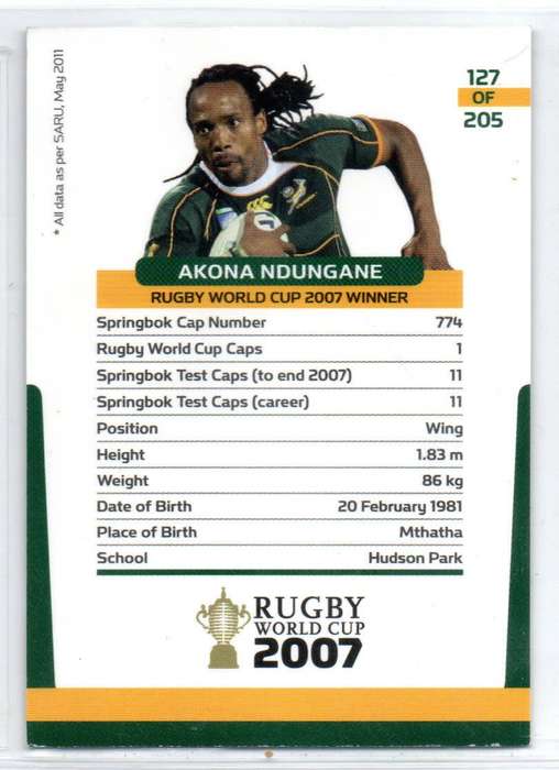 Rugby World Cup 2011 - Card 127/205 - Akona Ndungane