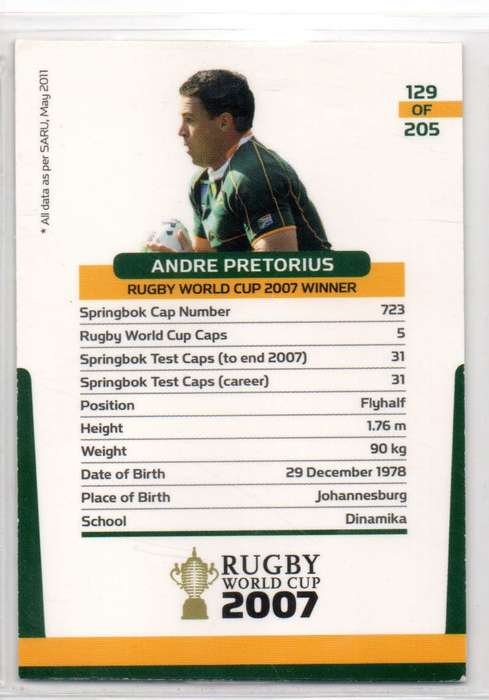 Rugby World Cup 2011 - Card 129/205 - Andre Pretorius