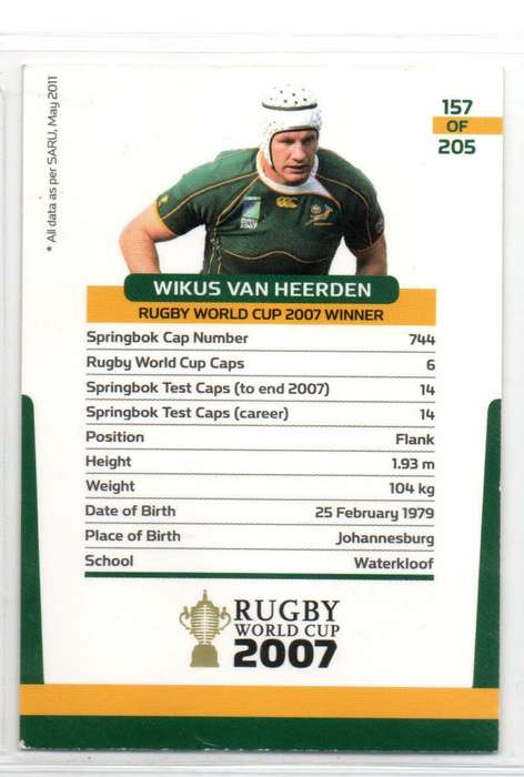 Rugby World Cup 2011 - Card 157/205 - Wikus van Heerden