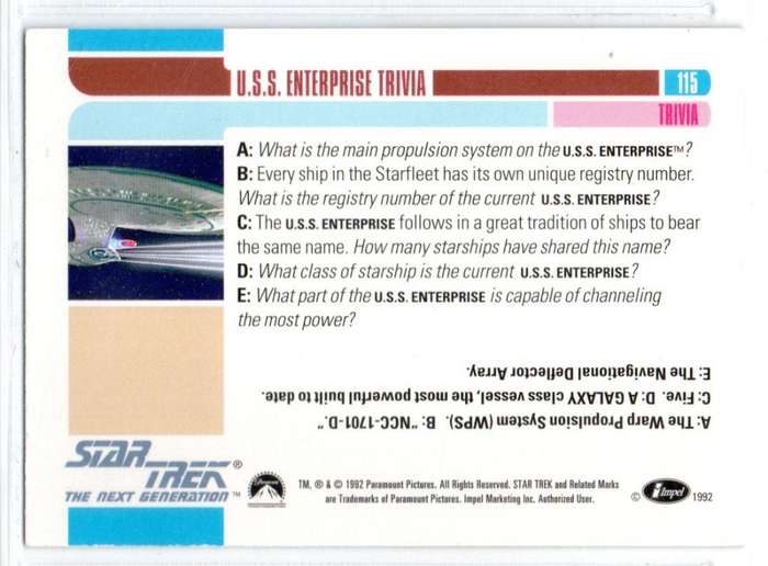 Paramount Pictures 1992 Star Trek The Next Generation - 115 U.S.S. Enterprise Trivia