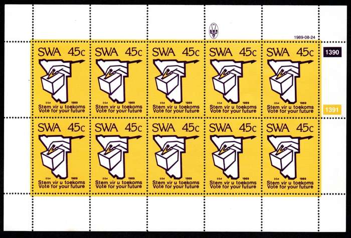South-West Africa 1989/08/24 UN Resolution 435 Constitutional Election 45c Complete Sheet of 10