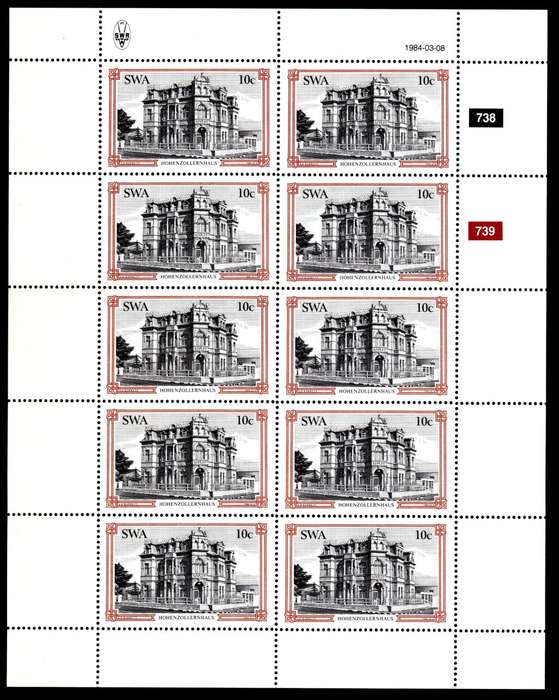 South-West Africa 1984/03/08 Hist. Buildings of Swakopmund 10c Complete Sheet of 10