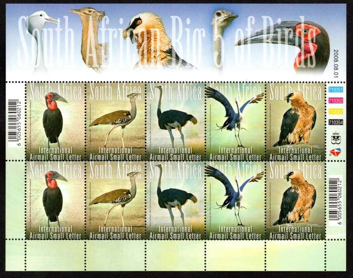 RSA 2008/08/01 South African Big 5 of Birds International Airmail Complete Sheet