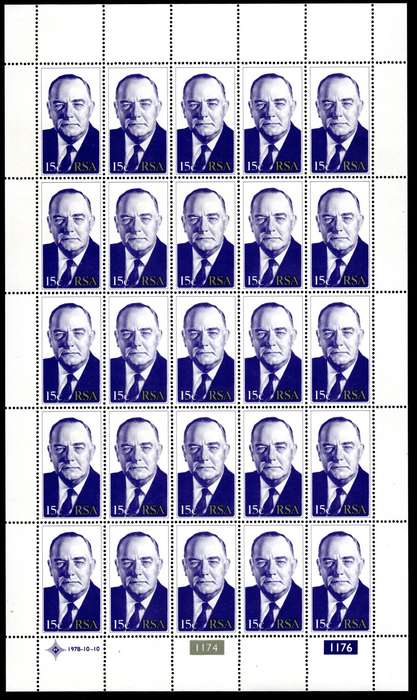 RSA 1978/10/10 Inauguration of the 4th State President Dr BJ Voster 15c Complete Sheet of 25