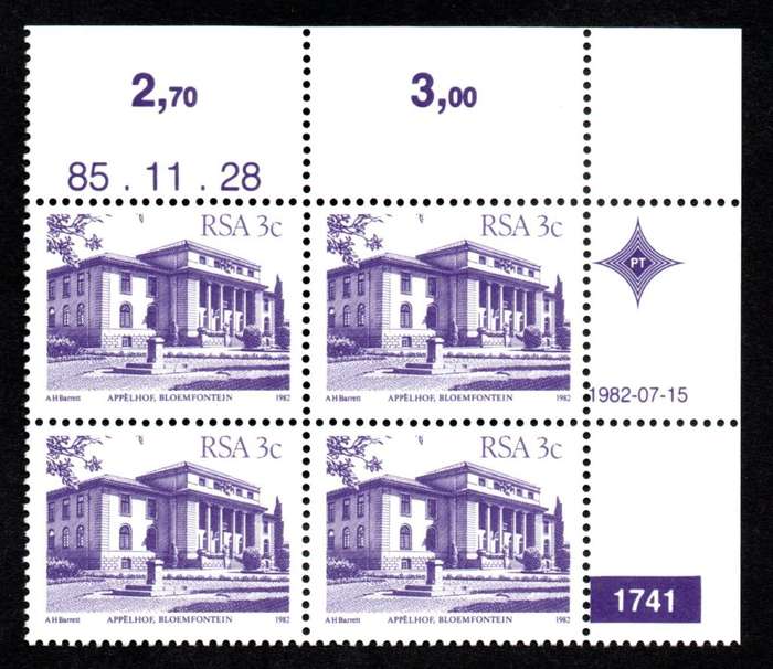 RSA 1982/07/15 & 1985/11/28 4th Definitive issue Plate 1741 Control Blocks