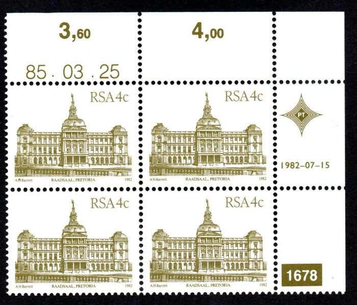 RSA 1985/03/25 4th Definitive issue 4c Plate 1678 Control Blocks