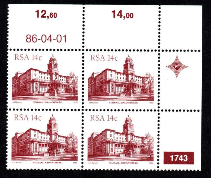 RSA 1986/04/01 4th Definitive issue 14c Plate 1743 Control Blocks