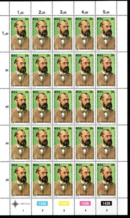 RSA 1982/03/21 Centenary of Discovery of Tubercle Bacillus Complete Sheet of 25
