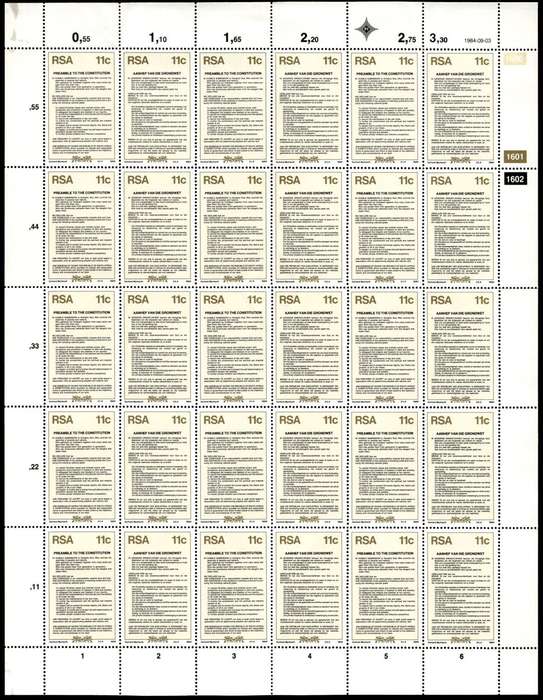 RSA 1984/09/03 New Constitution 11c Complete Sheet of 30