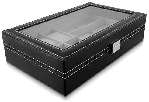 6 Watches and 3 Glasses Storage Box With Viewing Window In Glass, Faux Leather Black 33x20x8cm