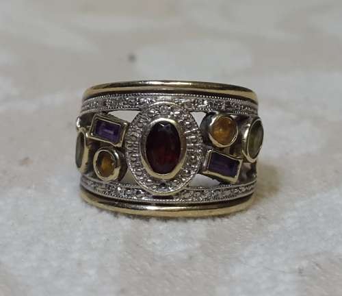 STUNNING LADIES 9CT GOLD RING WITH DIFFERENT COLOR STONES BEAUTIFUL PIECE SIZE P