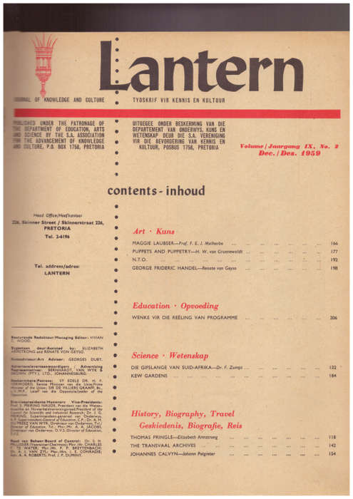 Lantern, Jaargang 9, Okt.-Des. 1959 - in this issue: Thomas Pringle - Settler and Pioneer