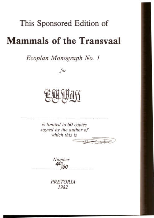 Mammals of the Transvaal - limited and Signed