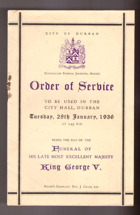 City of Durban, Order of Service, Funeral of King George V, 1936