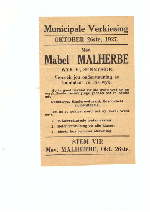 Political election pamphlet, Mabel Malherbe, 1927