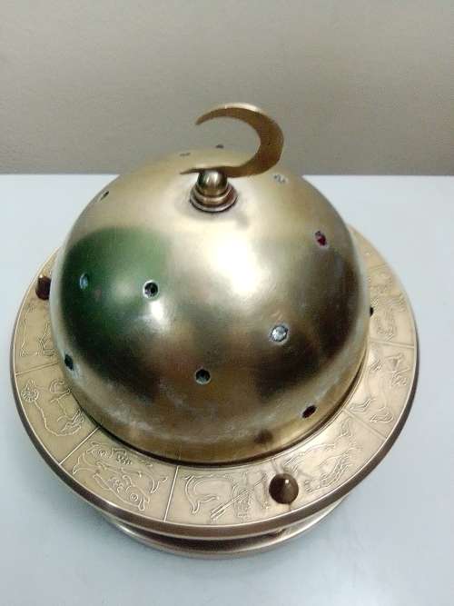 Crecent Moon Finial, Jeweled Brass/Enamel with Zodiac design rim Cigarette globe shaped dispenser.