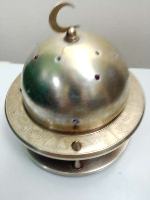 Crecent Moon Finial, Jeweled Brass/Enamel with Zodiac design rim Cigarette globe shaped dispenser.