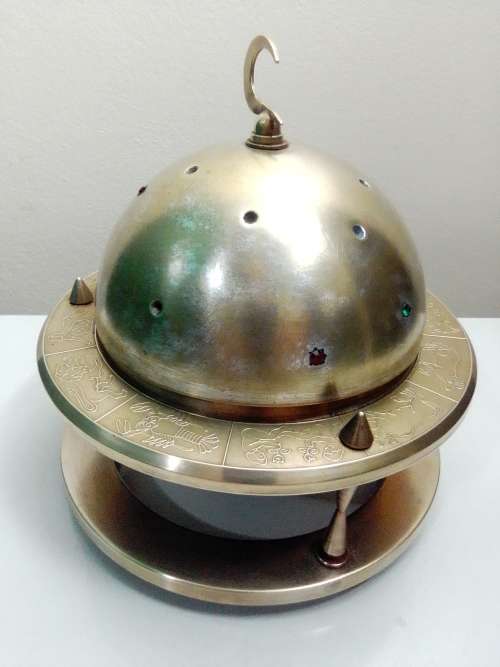 Crecent Moon Finial, Jeweled Brass/Enamel with Zodiac design rim Cigarette globe shaped dispenser.
