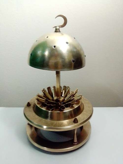 Crecent Moon Finial, Jeweled Brass/Enamel with Zodiac design rim Cigarette globe shaped dispenser.