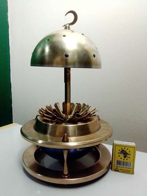 Crecent Moon Finial, Jeweled Brass/Enamel with Zodiac design rim Cigarette globe shaped dispenser.