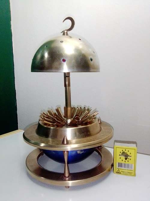 Crecent Moon Finial, Jeweled Brass/Enamel with Zodiac design rim Cigarette globe shaped dispenser.