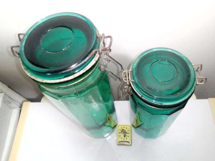 2 Hand Blowen, very old Turquoise Green steel clasp seal preserve large Bottles.
