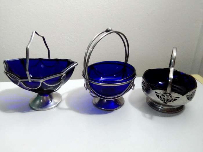 3 Cobalt Blue Glass Inners Trinket dish`s. 2 Celtic Plate with Solid and Swing Handles.