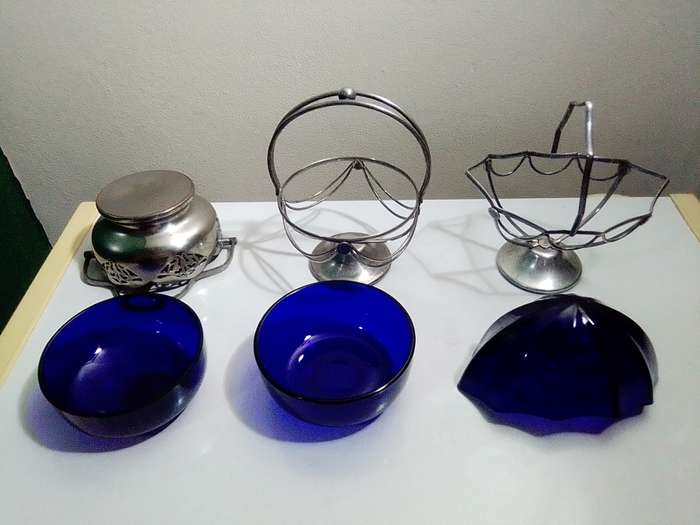 3 Cobalt Blue Glass Inners Trinket dish`s. 2 Celtic Plate with Solid and Swing Handles.