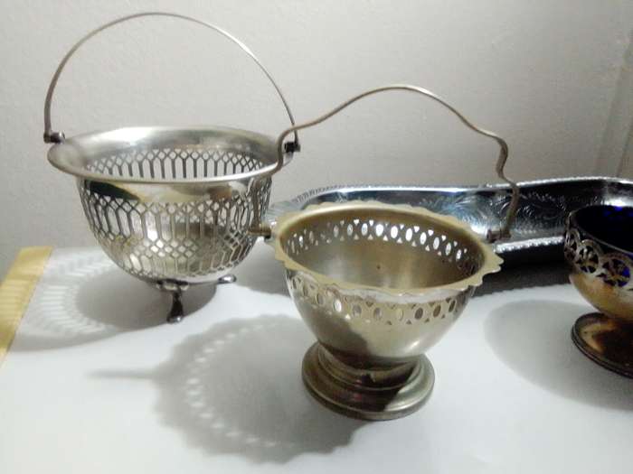 EPNS Silver Plated Pair of Salt Cellars with Cobalt Blue Glass Liner (c1910s). Bread Tray.2x Bonbon