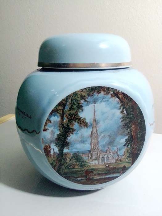 A Twinings Tea lidded canister + wood box with 3 partitions/clasp filled with 15 Cookie cutters.