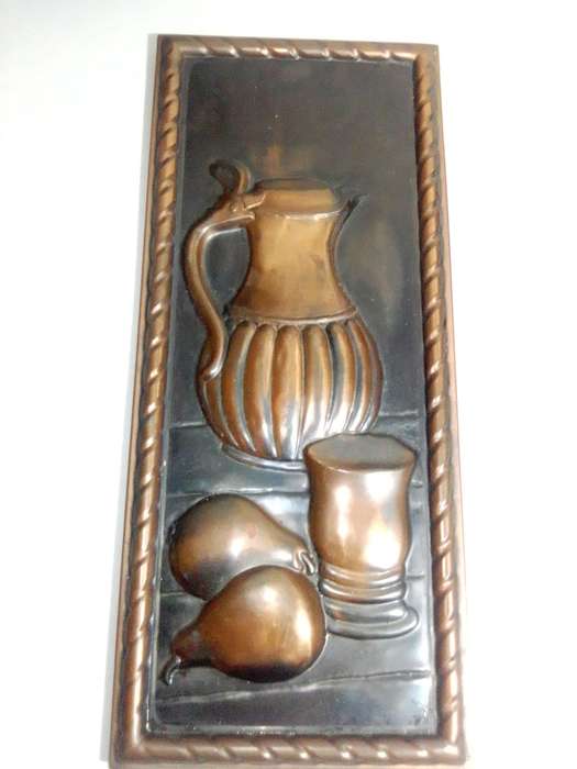 2 x 1960`s Vintage Copper panel wall hangings of Decanter/Quill-pen/inkwell. Made in Holland.