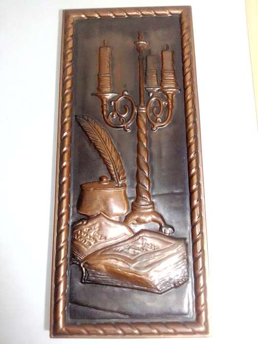2 x 1960`s Vintage Copper panel wall hangings of Decanter/Quill-pen/inkwell. Made in Holland.
