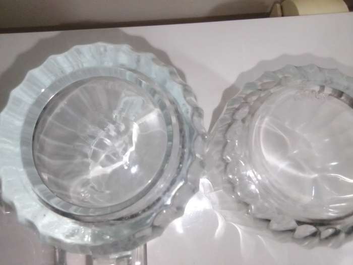 For a couple.Vintage glass kitchen Glass sets. 2 Water Jugs, Lidded Jar, Butter Dish. Lemon Squeeze.