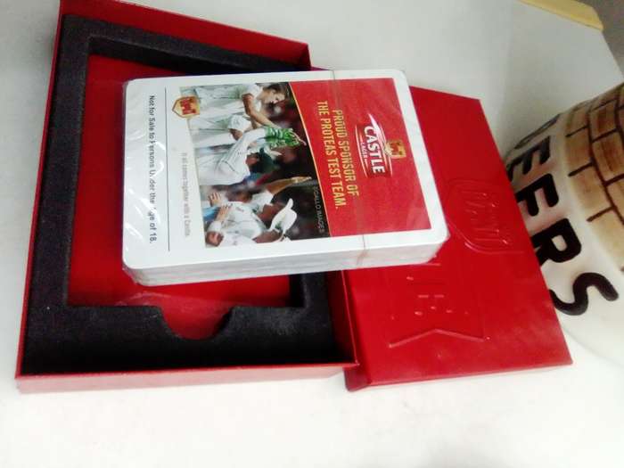 Wow Mancave, Castle branded red metal case with playing Cards in ashtray + Multi-Tool Kit + Jug's.
