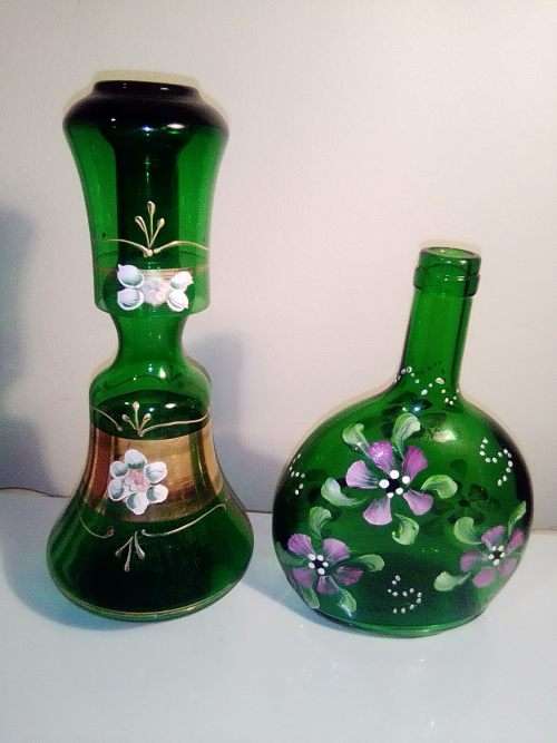 Murano Carafe glass water jug with tumbler plus a Super Glass Hand painted green Wine bottle