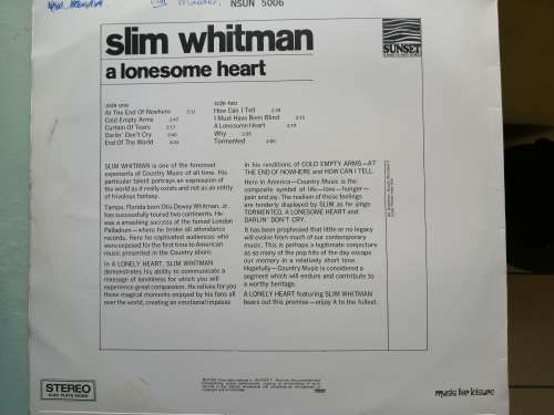 Slim Whitman  A Lonesome Heart LP Record in great condition
